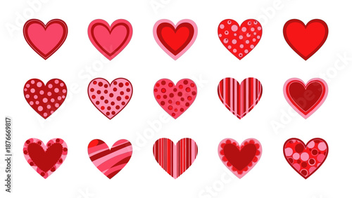 Collection of red hearts with various patterns and designs on a white background
