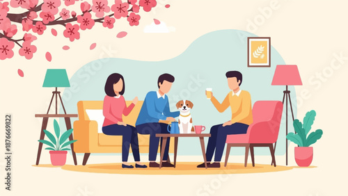 People enjoying a cozy moment with a dog under blooming trees