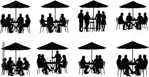 Vector illustration of outdoor café silhouettes—symbols for social interaction, leisure, dining, conversation, community, lifestyle, relaxation, and human connection design