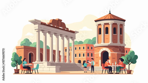 People enjoying a meal and taking photos near ancient Roman-style buildings under a sunny sky