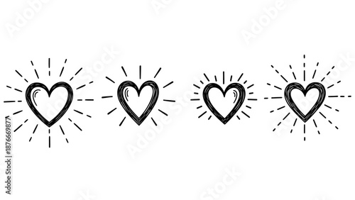 Four hand drawn hearts with radiating lines on a white background