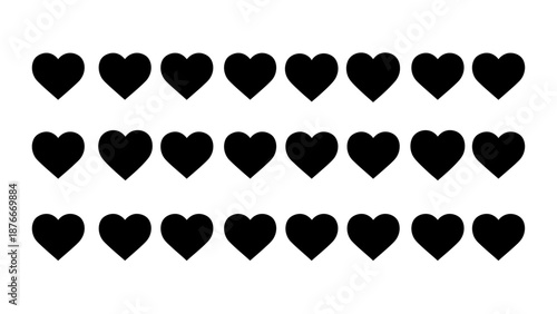 A grid of black hearts on a white background viewed directly from above
