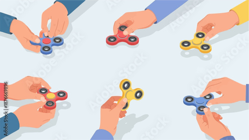 Multiple hands hold and manipulate colorful spinners, casting shadows on a light surface