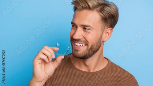 Smiling man demonstrates clear aligners with joyful expression