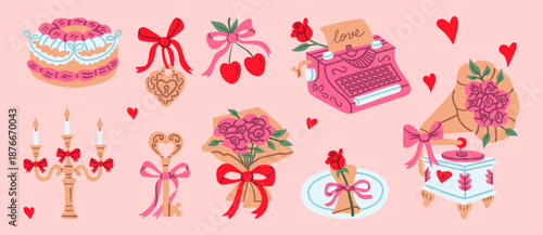 Collection of romantic Valentine's Day elements including cake, typewriter, gramophone, roses, and vintage key in pink colors