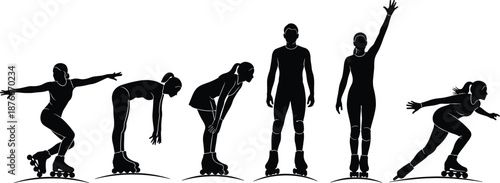 Vector illustration of roller skating silhouettes—symbols for motion, posture, lifestyle, energy, activity, balance, gesture, athleticism, and expressive movement design