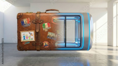 Vintage Suitcase with Futuristic Portal for Travel Concept