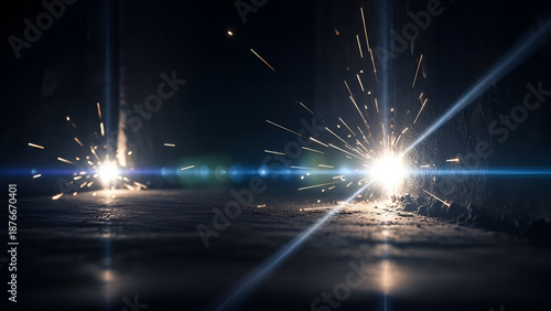Industrial processes creating sparks illuminates a dark space with dynamic energy and light