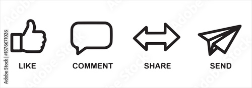 Collection of common social media action icons with text labels like, comment, share, and send