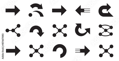 Set of various black arrow icons and network connection diagrams on white background