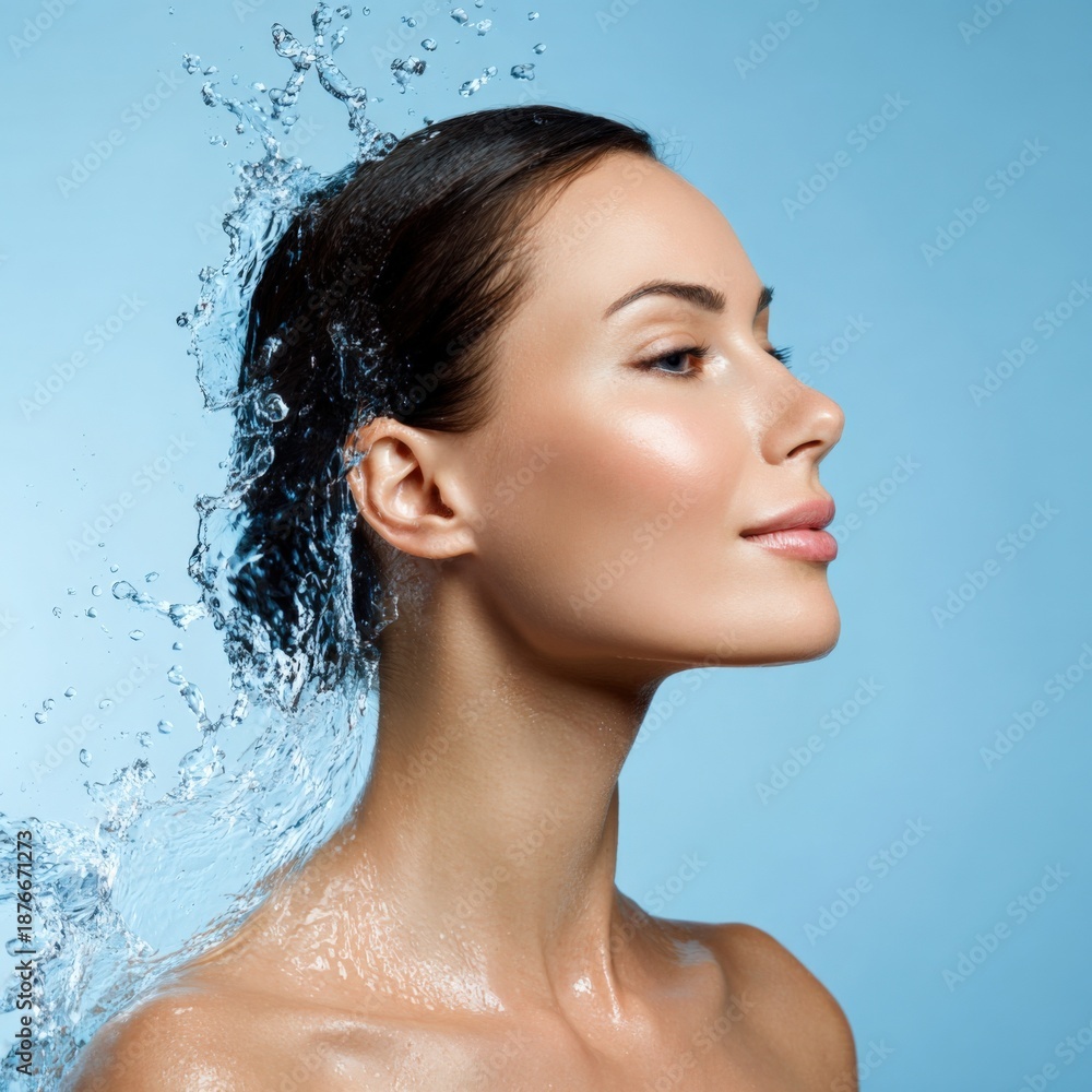 Naklejka premium Female caucasian young adult with water splash and clear skin on blue background