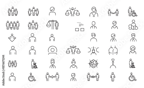 Diverse people profiles legal justice concepts interaction medical staff and disability accessibility line icon set