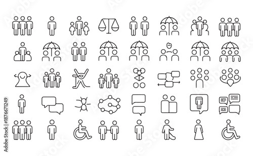 Large set of outline vector icons depicting social groups justice protection communication and abstract data structures