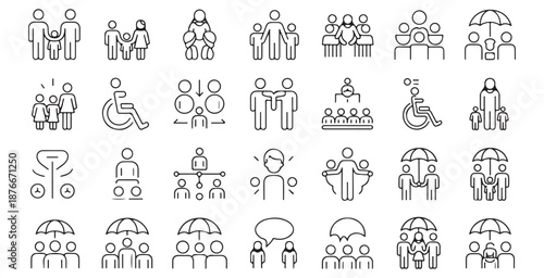 Collection of human relationship icons symbolizing family protection disability teamwork and hierarchical structure elements