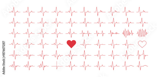 Red pulse line patterns with heart shape in middle for cardiology and life monitoring illustration