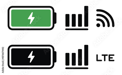 Smartphone battery power levels and network signal icons including green charging and cellular data