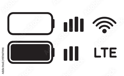 Minimalist battery charge indicators and network signal strength bars with wifi and lte text symbols