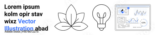 Business growth, creativity, sustainability, data-driven decisions, innovation, nature connection. Includes graphs, lightbulb and a lotus. Business growth and innovation concept