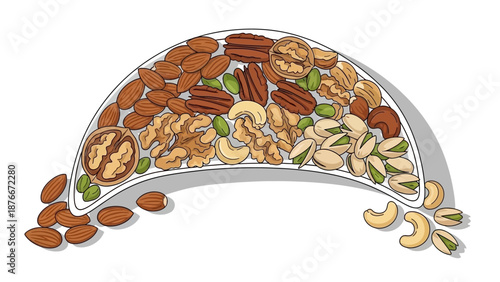 Assorted nuts and seeds in a bowl viewed from above