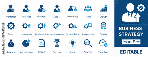 Business strategy icon set. Containing management, growth, innovation, leadership, team, revenue, market share, success and more. Solid vector icons collection.