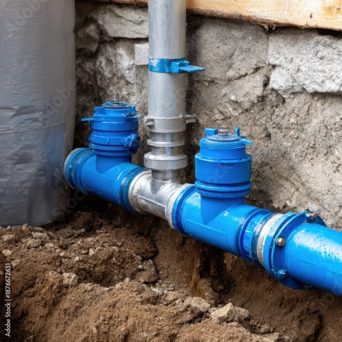 Wallpaper Mural Blue underground plumbing system with water valves and piping connections Torontodigital.ca
