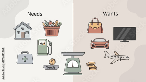 Visual illustration distinguishing fundamental life necessities from non-essential luxury desires for financial literacy and consumer education purposes
