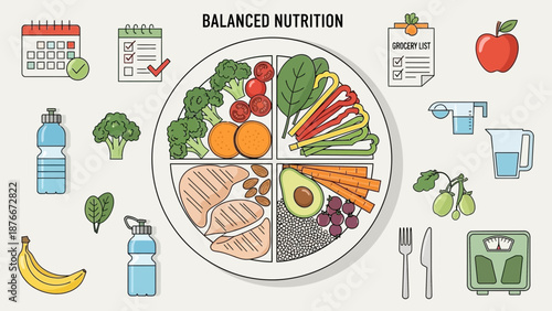 Healthy Eating Plate with Various Food Groups and Lifestyle Elements