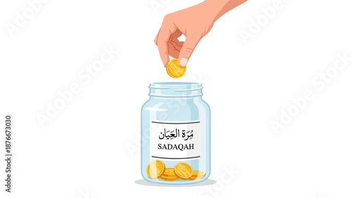 Hand placing coin into a transparent jar filled with coins