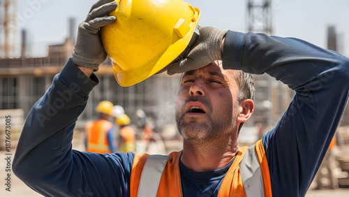 Exhausted construction worker wiping sweat from his brow with a hard hat on a hot, sunny day at a building site.