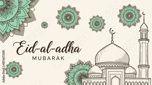 Eid al Adha celebration illustration with mosque and decorative elements