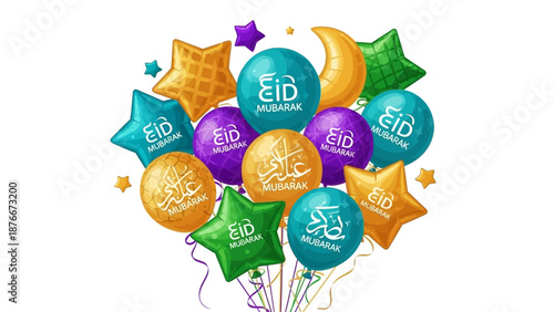 Vibrant Eid celebration balloons and stars illustration against a white background