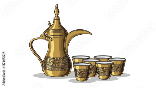 Ornate golden teapot and four cups arranged on a plain white surface viewed from the side