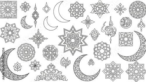 A collection of intricate Islamic symbols and motifs including stars, moons, and floral patterns in a grayscale illustration style