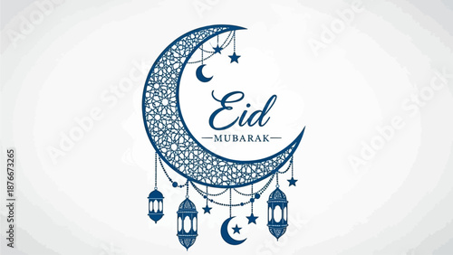 Celebratory Eid illustration featuring crescent moon and lanterns in a festive atmosphere