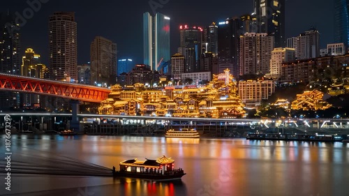 Night view of Hongyadong with cruise ship in Chongqing China