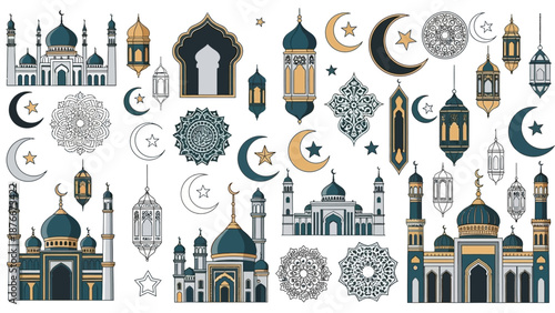 Islamic Architectural Elements and Symbols in Various Designs and Illustrations