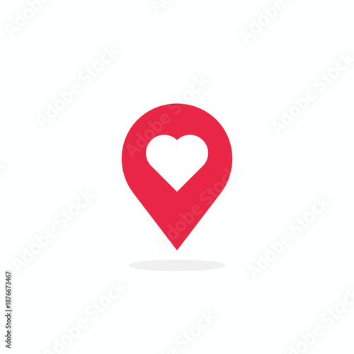 Red heart shape map pin icon for love and romance. Vector location marker symbol for dating apps, wedding invitations, and Valentine's Day navigation. Isolated flat design