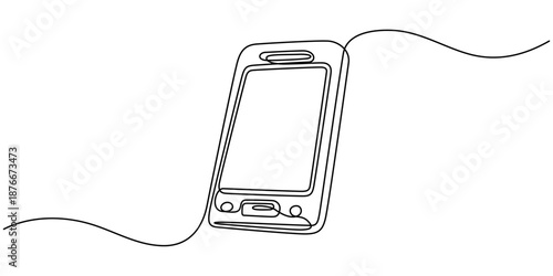 Mobile phone in one line art style. Drawing of a smartphone with an editable black stroke on a white background. Vector illustration.