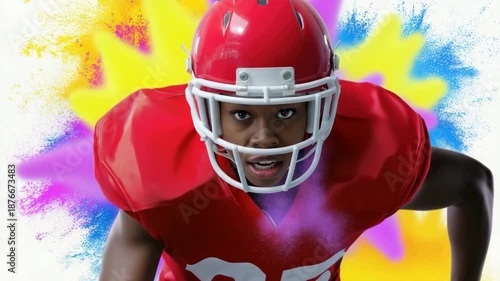 Dynamic football player charging forward amidst vibrant colorful backgrounds