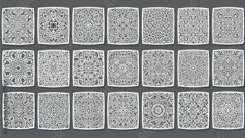 Collection of ornate square designs arranged in a grid pattern on a dark background