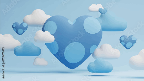 Floating Blue Heart Surrounded by Clouds and Smaller Hearts in a Serene Sky Scene