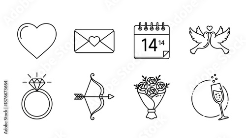 Wedding icons set including heart, envelope, calendar, and champagne in a minimalist line art style