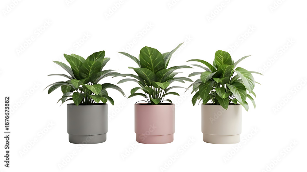 Fototapeta premium Three Potted Green Houseplants in Pastel Pink, Grey, and Beige Pots Product Shot