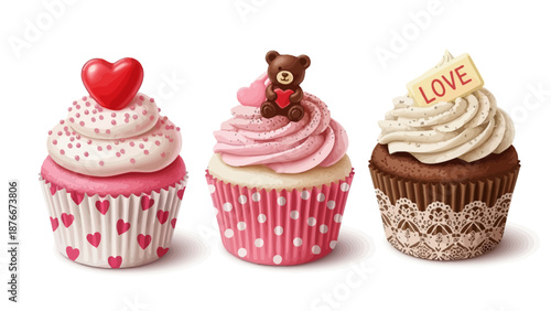 Three decorated cupcakes with assorted toppings and wrappers on a white background
