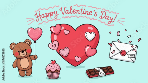 A teddy bear holding a heart-shaped balloon stands beside a heart, cupcake, and chocolates on a light blue background.