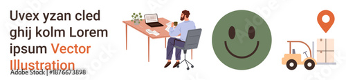 Office productivity, customer satisfaction, logistics, workplace setup, location tracking, shipping. Person working at a desk, happy face forklift carrying boxes and a location icon. Customer