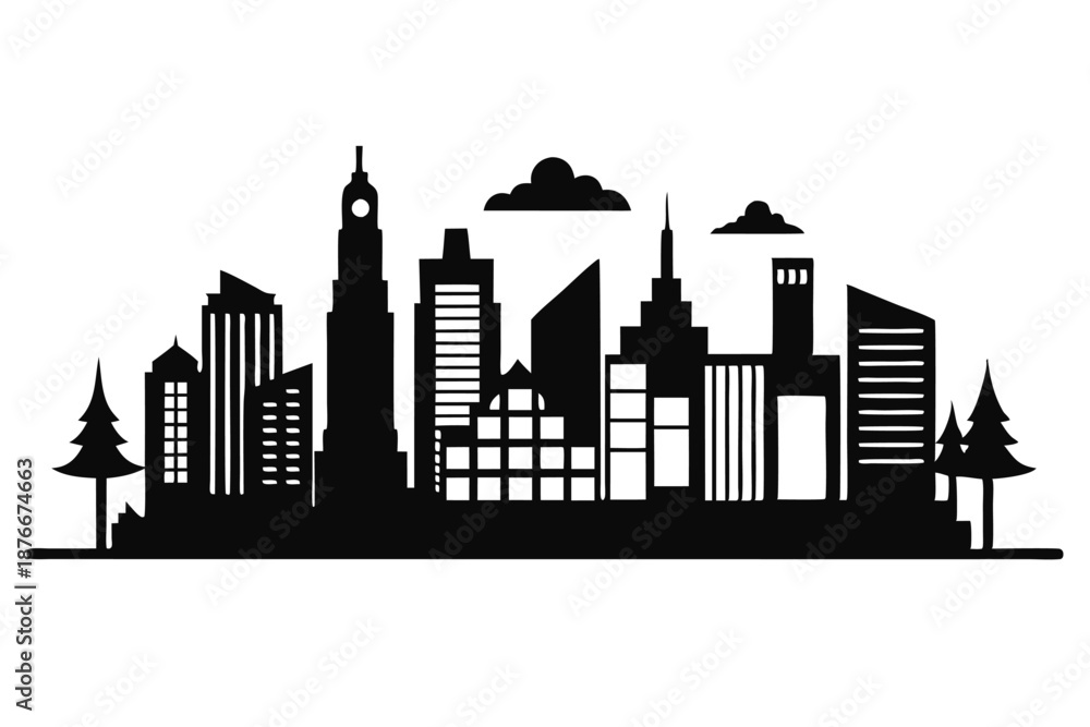 Obraz premium Commercial Building and Skyscraper Skyline Silhouette Graphic