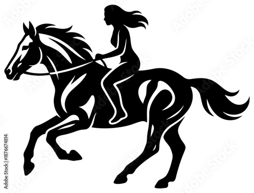Female rider sitting on a galloping horse with flowing mane and lifted legs in motion.