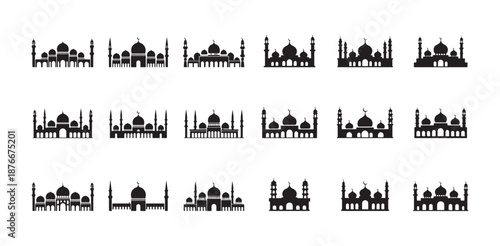 Set of 18 mosque flat icons, elegant black silhouettes of Islamic temples and minarets