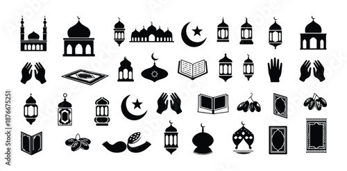 Diverse set of Islamic symbols and elements including mosques, lanterns, Quran, and prayer items